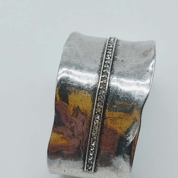 Silver Tone Wide Distressed Modernist Crystal Cuff Bracelet - Picture 6 of 12